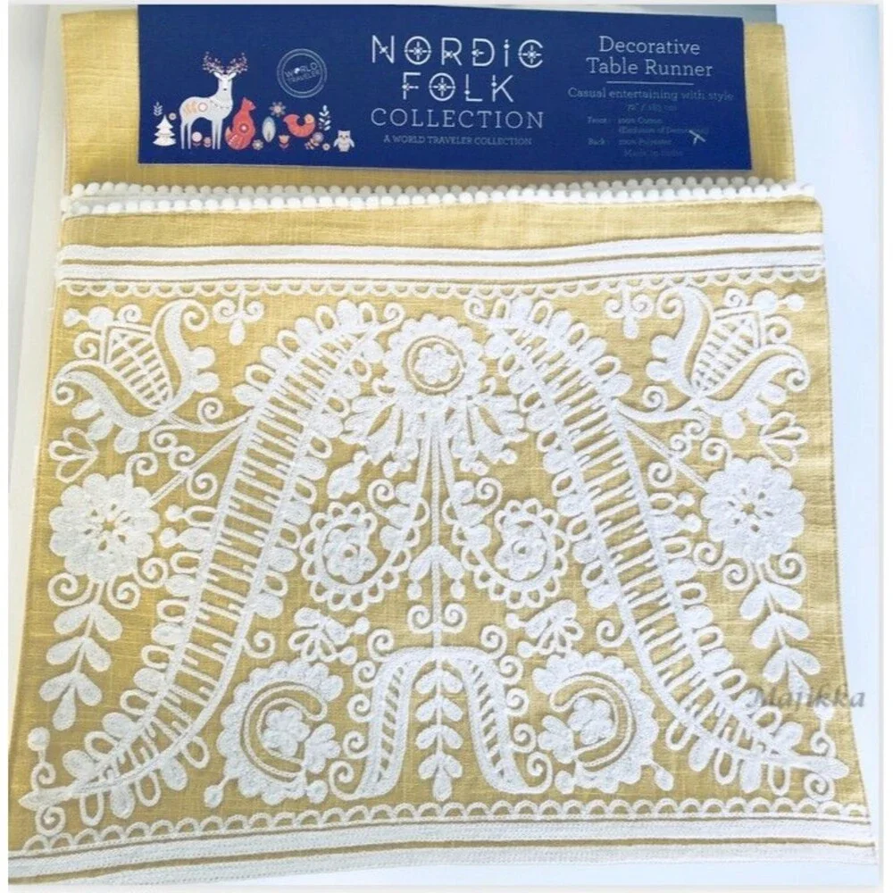 Nordic Folk Collection Embroidered Table Runner Yellow White 100% Cotton 72x14